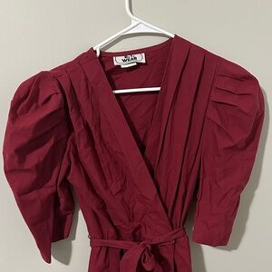 Red Puff Sleeve Wrap Dress